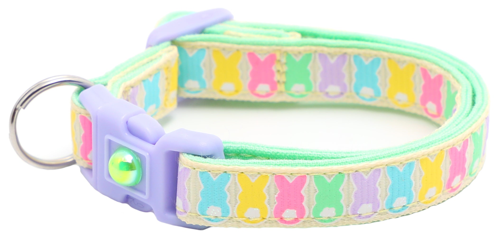 A colorful Marshmallow Easter Bunnies Breakaway Cat Collar featuring cute bunny designs, made from reinforced cotton with a breakaway clip.